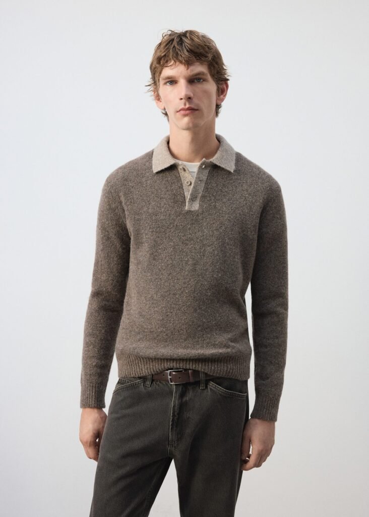 Camisola com estilo de polo de malha com mescla de lã e alpaca