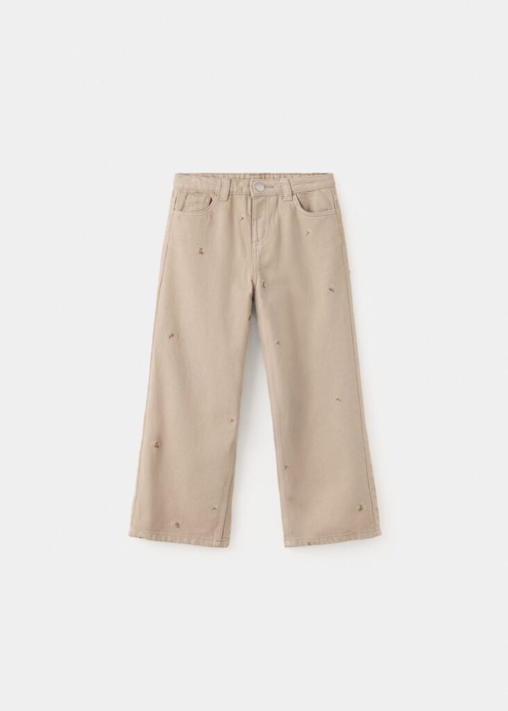 Calças de ganga wide leg com flores bordadas