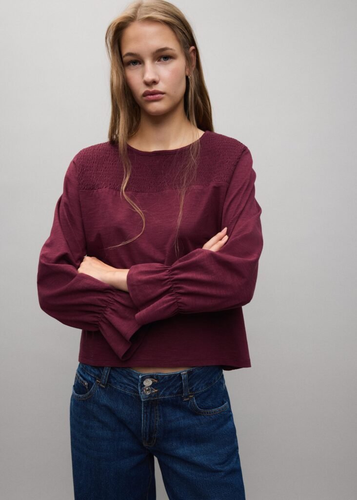 T-shirt de algodão com painel franzido