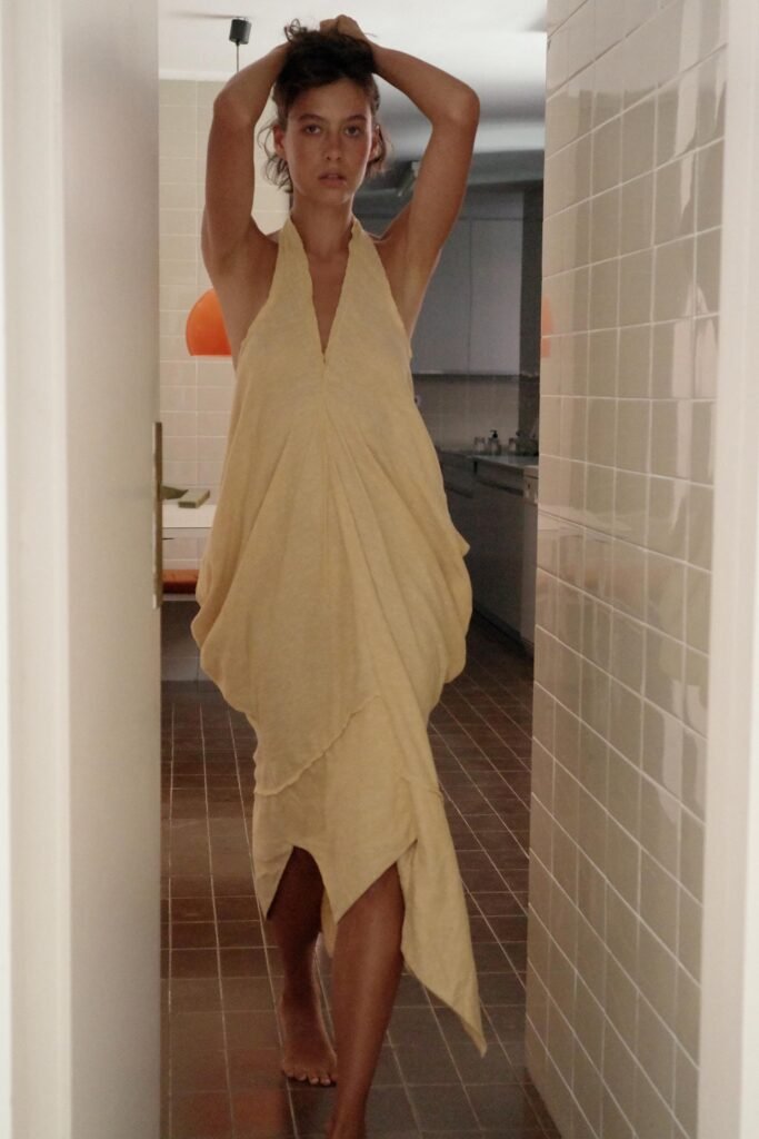 LINEN BLEND HALTER MINI DRESS