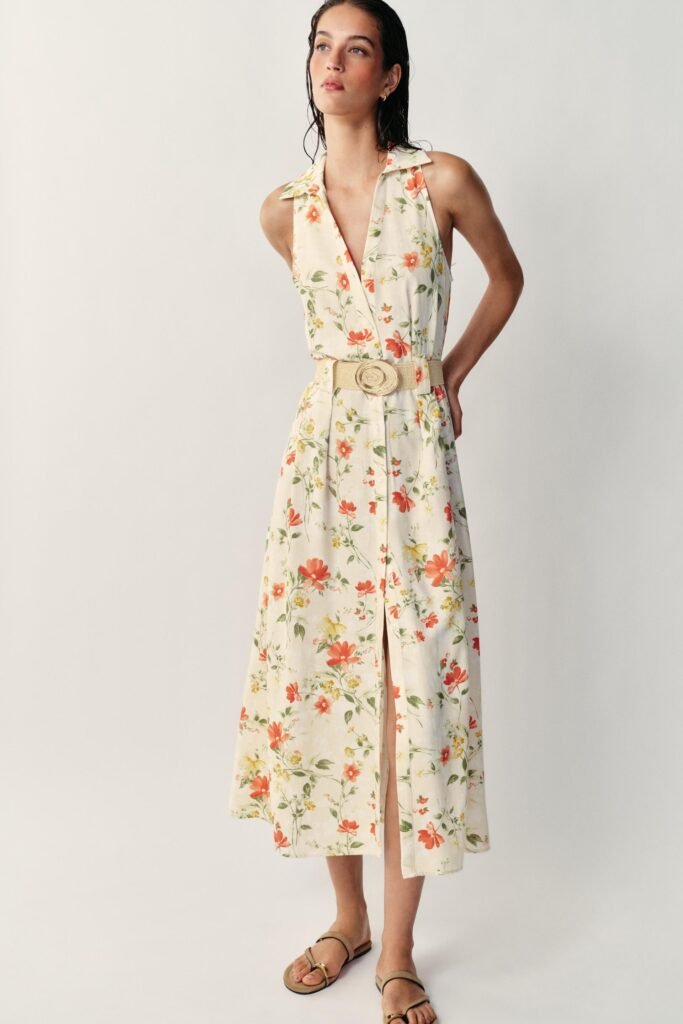 VESTIDO MIDI COM ESTAMPADO FLORAL E CINTO