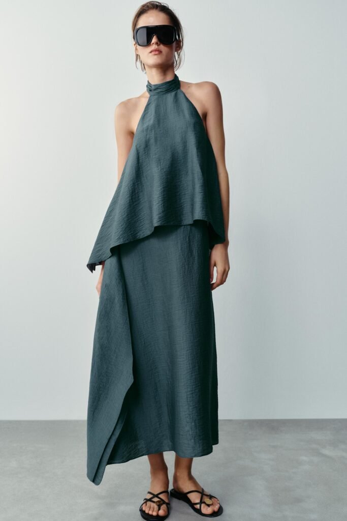 VESTIDO MIDI HALTER COM LINHO
